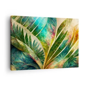 Quadro em tela - Folhas tropicais coloridas em um fundo claro - 70x50cm - As cores dos trópicos - Decoração de parede moderna para a sala de estar e quarto ARTTOR