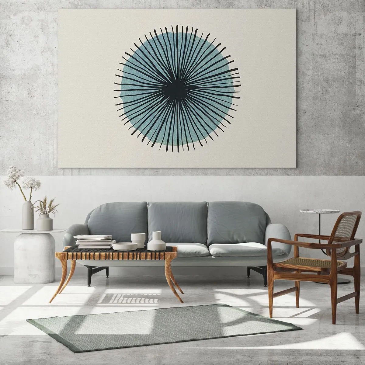 Quadro em vidro - Padrão geométrico em tons de turquesa e preto - 70x50cm - Radiante sobre o azul - Decoração de parede moderna para a sala de estar e quarto ARTTOR
