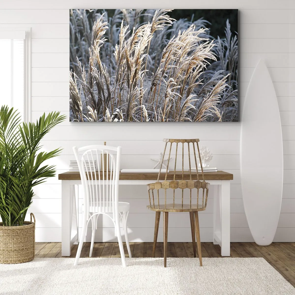 Quadro em tela - Folhas de grama de inverno cobertas de geada contra um fundo verde escuro - 70x50cm - Decorado com a geada - Decoração de parede moderna para a sala de estar e quarto ARTTOR