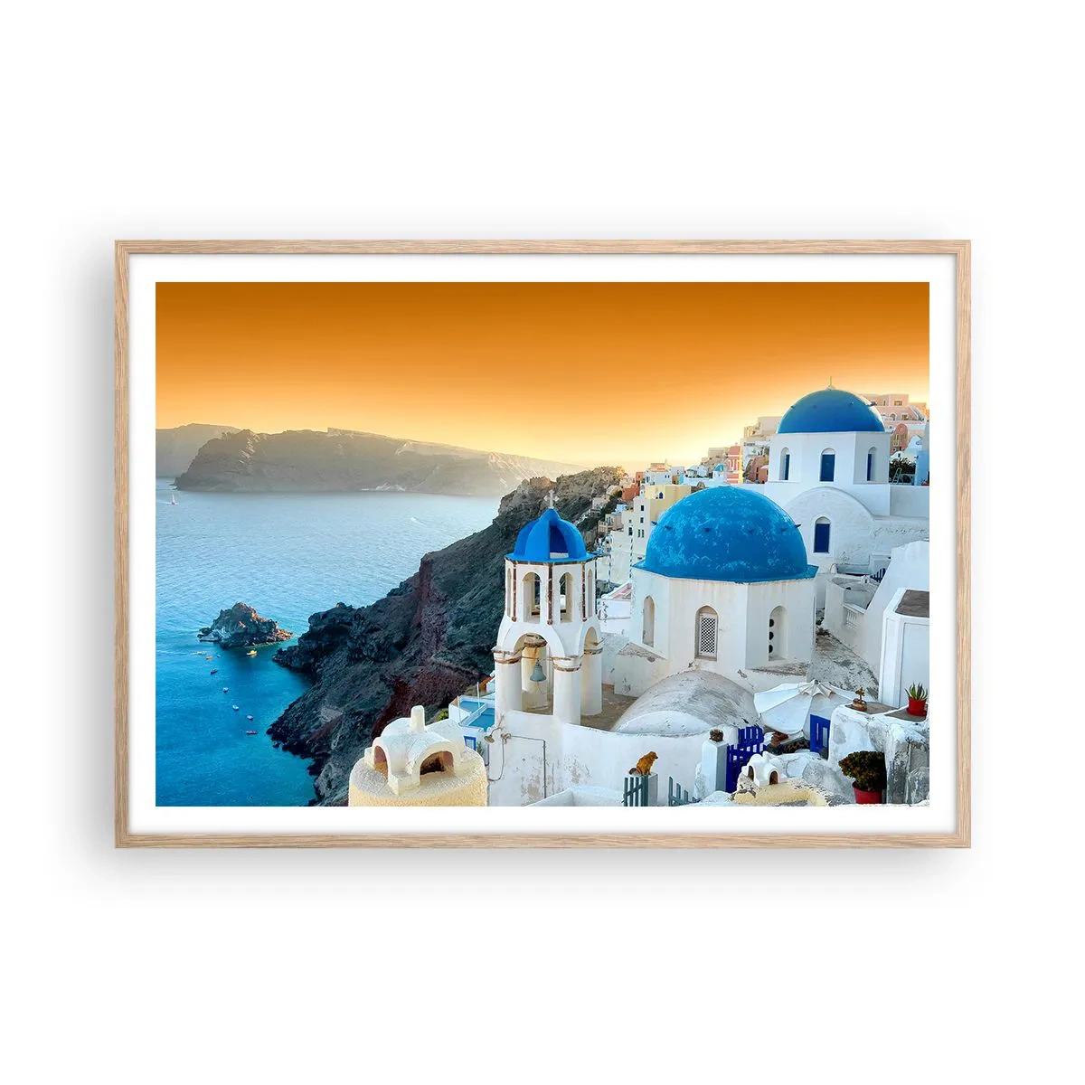 Pôster com moldura de carvalho claro - Santorini - abraçada às rochas - 100x70 cm