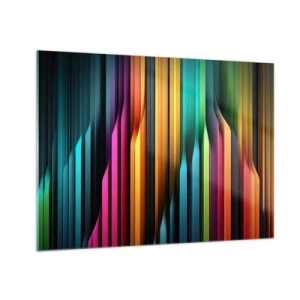Quadro em vidro - Listras verticais multicoloridas que lembram luz e movimento - 70x50cm - Um órgão de luz - Decoração de parede moderna para a sala de estar e quarto ARTTOR