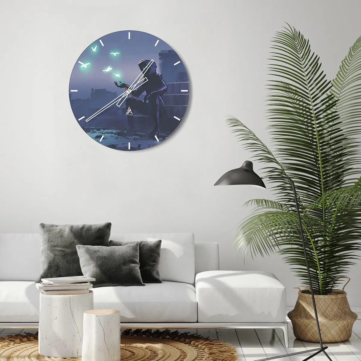 Relógio de parede - Relógio em vidro - Uma figura no escuro com pássaros neon ao fundo - 30x30cm - A vida vai voltar - Decoração de parede moderna para a sala de estar, cozinha e quarto ARTTOR