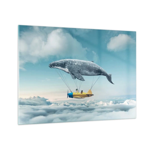 Quadro em vidro - Uma baleia levanta um avião acima das nuvens em um cenário surreal. - 70x50cm - Por que não? - Decoração de parede moderna para a sala de estar e quarto ARTTOR