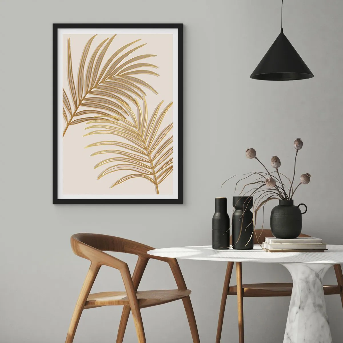 Pôster com moldura preta - Folhas de palmeira douradas em estilo minimalista sobre fundo claro - 50x70cm - Palma de Ouro! - Decoração de parede moderna para a sala de estar e quarto ARTTOR