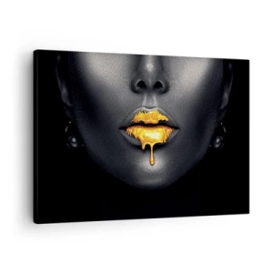 Quadro em tela - Retrato em preto e dourado de uma mulher com uma gota de ouro nos lábios - 70x50cm - Boca dourada - Decoração de parede moderna para a sala de estar e quarto ARTTOR