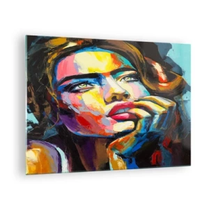 Quadro em vidro - Retrato de uma mulher em cores abstratas intensas - 70x50cm - Sonhos como pássaros voando no céu - Decoração de parede moderna para a sala de estar e quarto ARTTOR