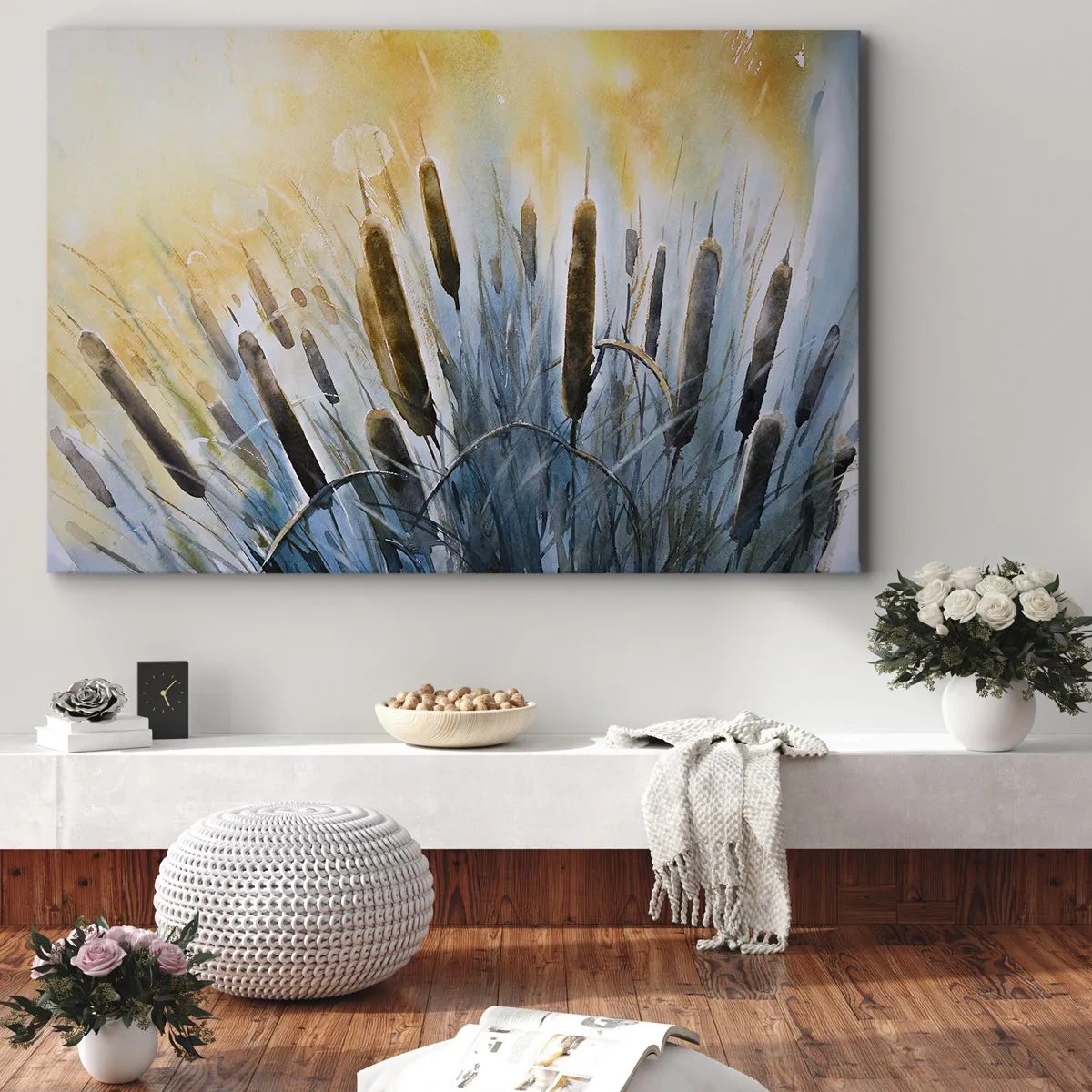 Quadro em tela - Juncos pitorescos sob os raios do sol - 70x50cm - O frio da água, o calor do sol - Decoração de parede moderna para a sala de estar e quarto ARTTOR