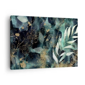 Quadro em tela - Folhas elegantes em um fundo escuro com detalhes dourados - 70x50cm - Jardim Mágico - Decoração de parede moderna para a sala de estar e quarto ARTTOR