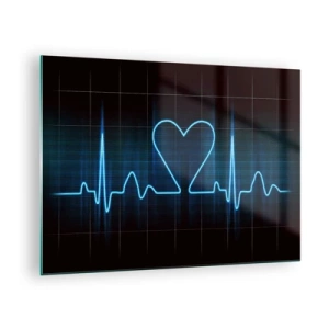Quadro em vidro - Linha de vida com um coração em um fundo escuro em luz azul - 70x50cm - No ritmo do coração - Decoração de parede moderna para a sala de estar e quarto ARTTOR