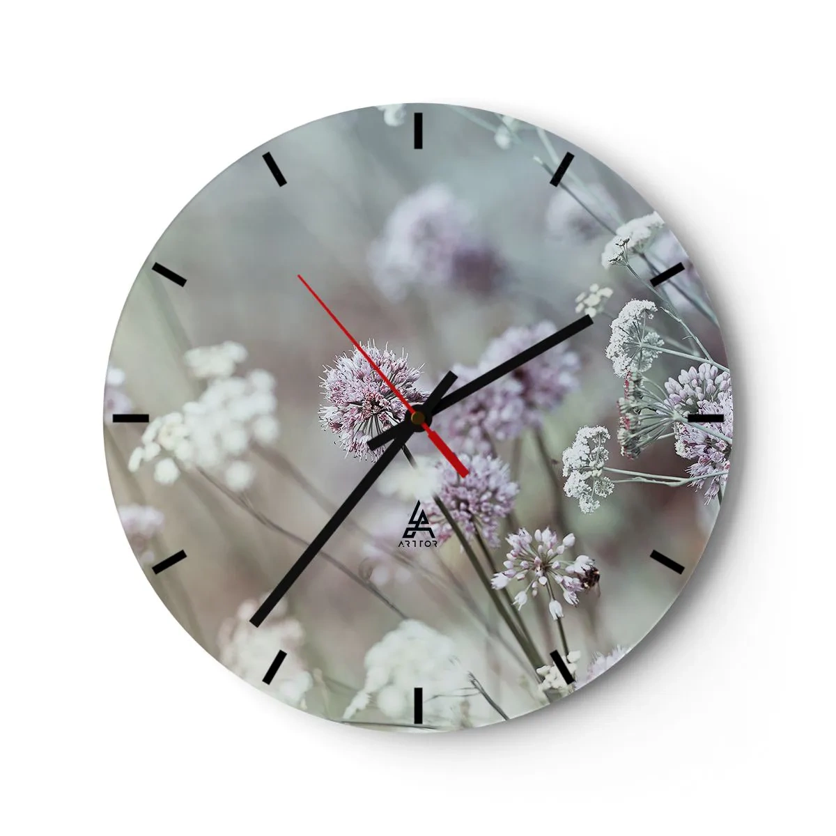 Relógio de parede - Relógio em vidro - Flores silvestres em tons pastéis - 30x30cm - Doce delicadeza das ervas - Decoração de parede moderna para a sala de estar, cozinha e quarto ARTTOR
