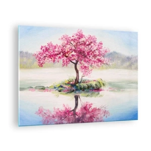 Quadro em vidro - Uma árvore rosa em uma ilha refletida na água calma - 70x50cm - A festa da Primavera - Decoração de parede moderna para a sala de estar e quarto ARTTOR