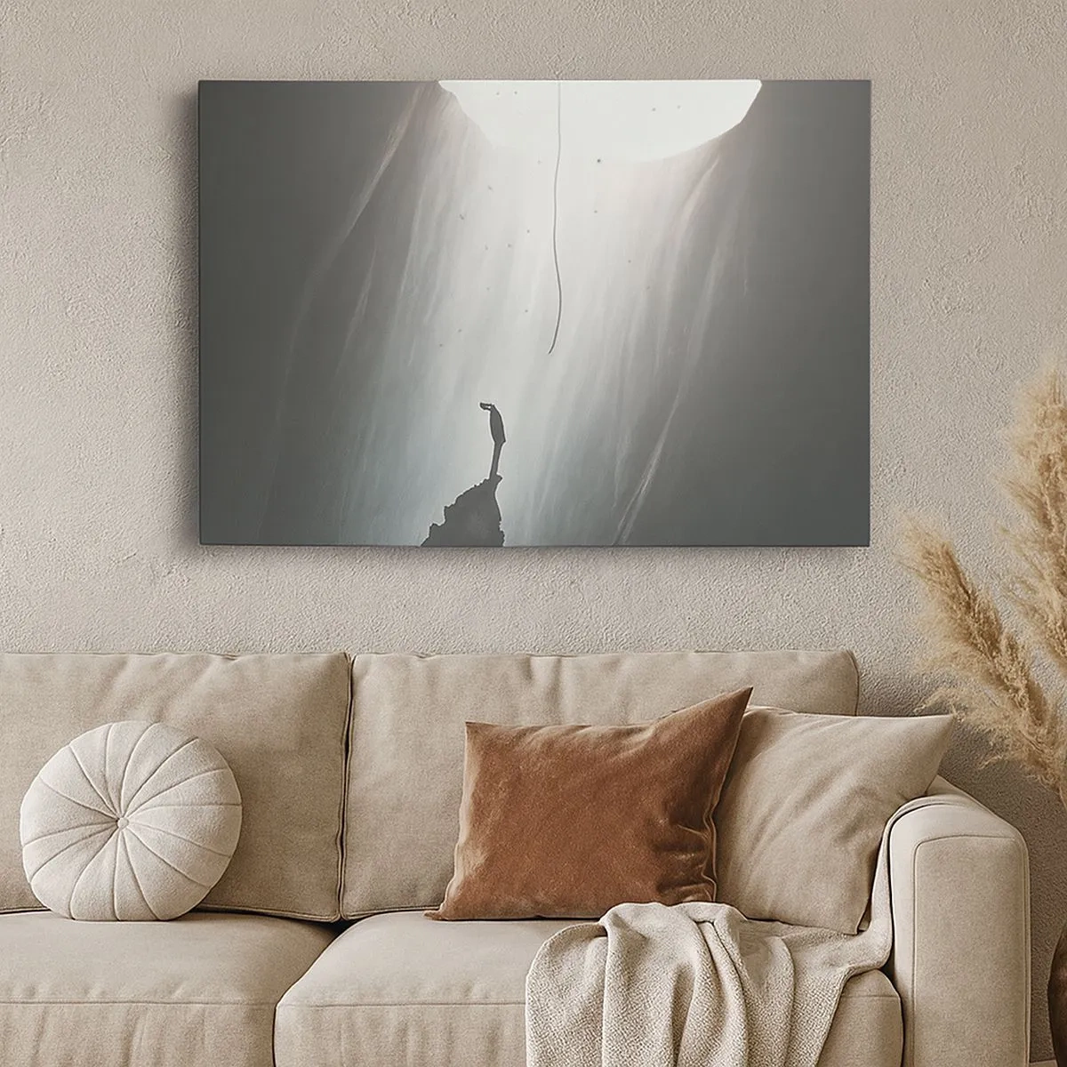 Quadro em tela - Silhueta de um homem no chão de uma caverna com vista para a luz - 70x50cm - Sempre há uma saída - Decoração de parede moderna para a sala de estar e quarto ARTTOR