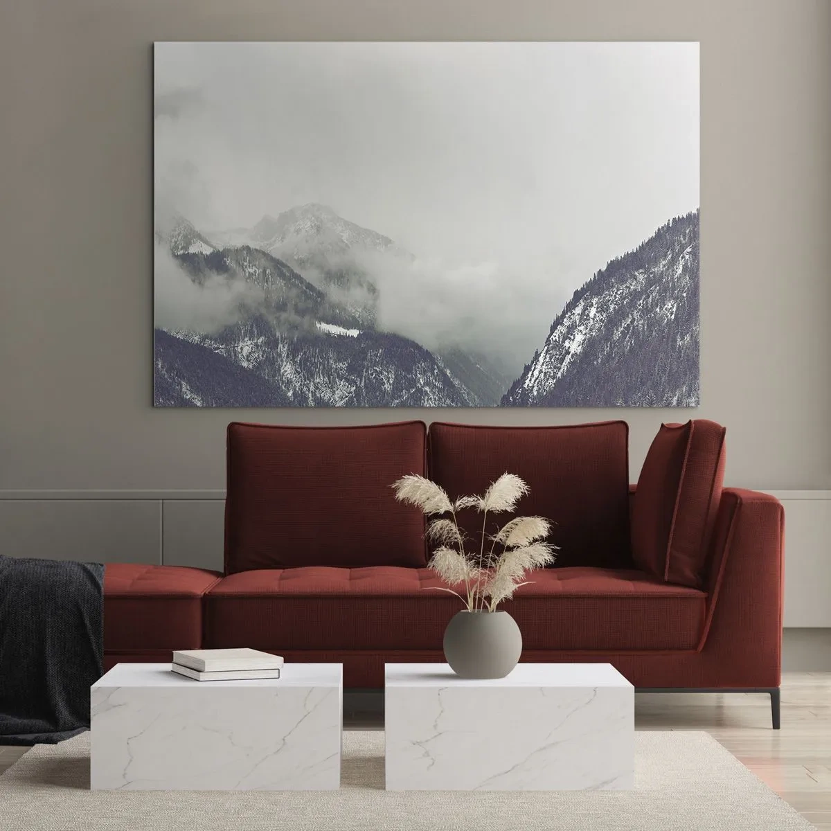 Quadro em vidro - Um vale montanhoso na neblina em tons de cinza - 70x50cm - Vale nebuloso - Decoração de parede moderna para a sala de estar e quarto ARTTOR
