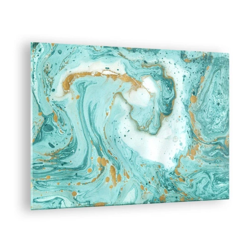 Quadro em vidro - Padrão de mármore turquesa e dourado - 70x50cm - Sob a grande onda do período Edo - Decoração de parede moderna para a sala de estar e quarto ARTTOR