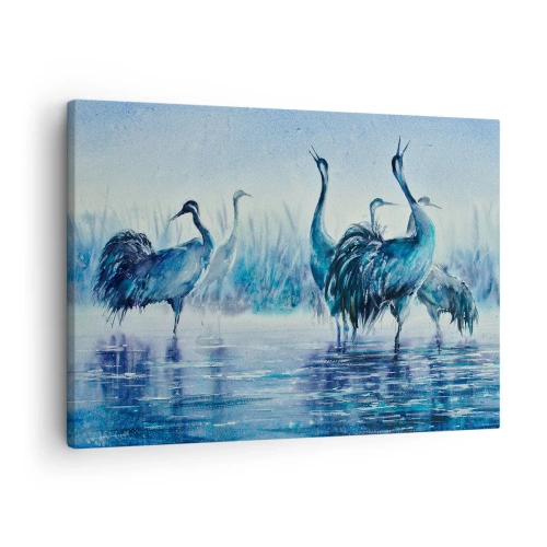 Quadro em tela - Guindastes contra o fundo de neblina e água em tons de azul - 70x50cm - Reunião matinal - Decoração de parede moderna para a sala de estar e quarto ARTTOR