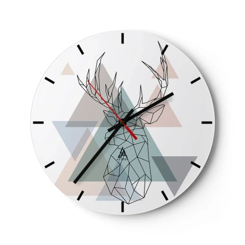 Relógio de parede - Relógio em vidro - Imagem geométrica de um cervo contra um fundo de triângulos - 30x30cm - Numa floresta geométrica - Decoração de parede moderna para a sala de estar, cozinha e quarto ARTTOR