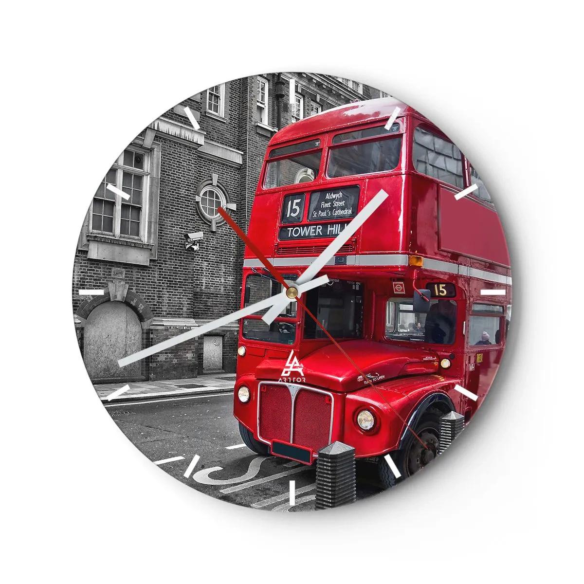 Relógio de parede - Relógio em vidro - Um ônibus vermelho de Londres com um cenário de edifícios históricos - 30x30cm - Sempre o mesmo - Decoração de parede moderna para a sala de estar, cozinha e quarto ARTTOR