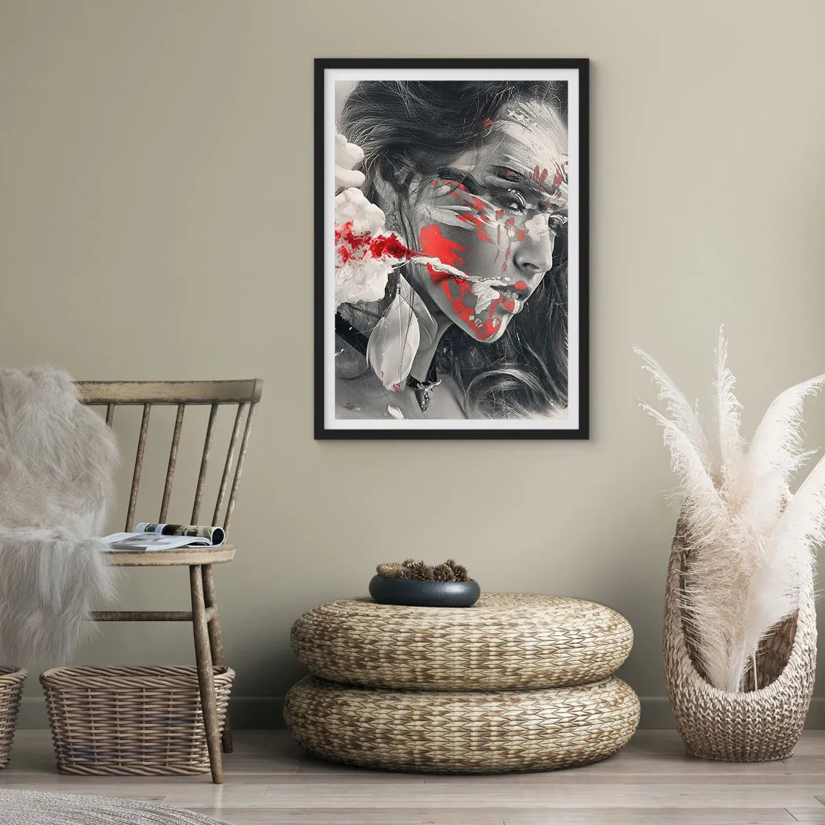 Pôster com moldura preta - Retrato artístico com detalhes em vermelho - 50x70cm - Nos fumos do absurdo - Decoração de parede moderna para a sala de estar e quarto ARTTOR