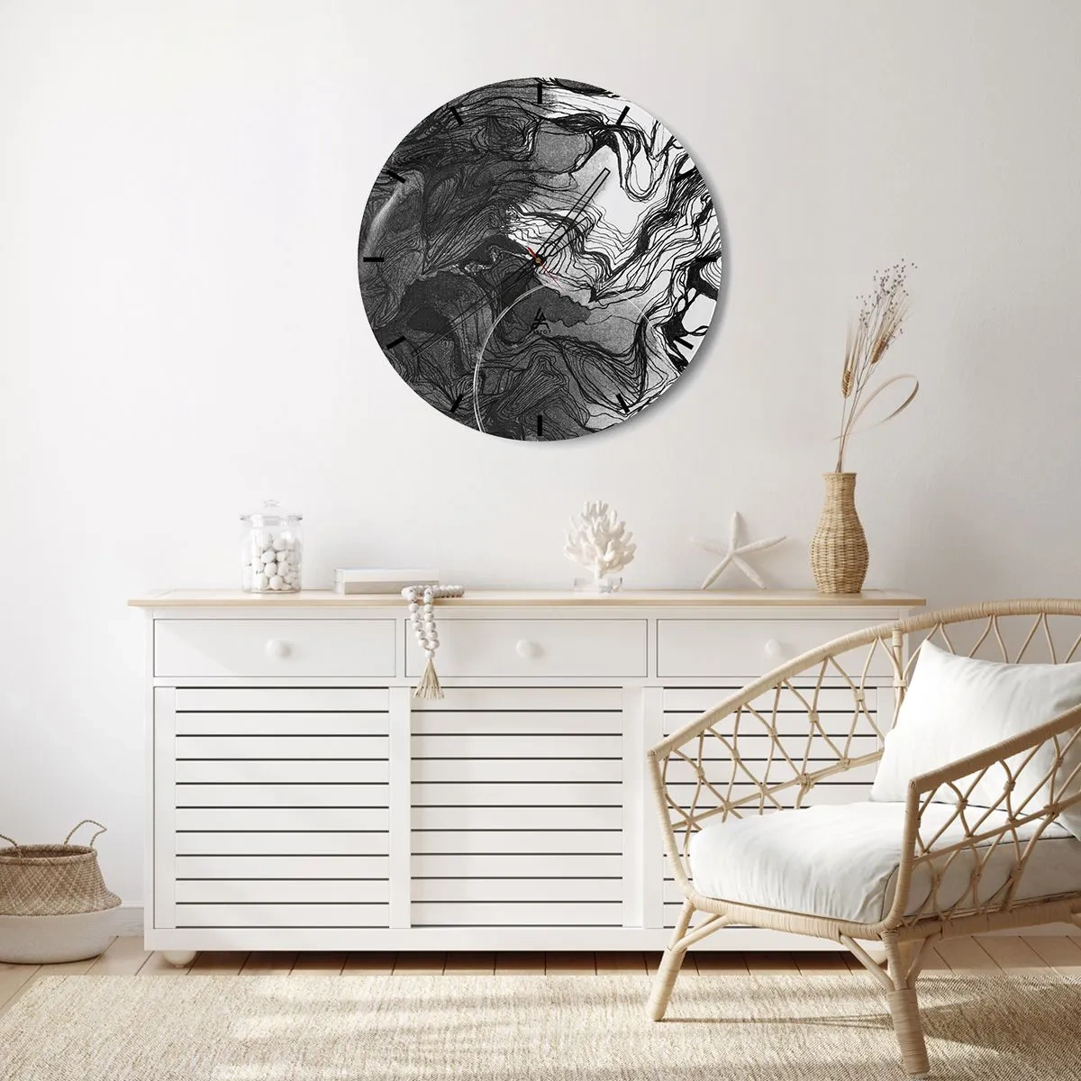 Relógio de parede - Relógio em vidro - Abstração em preto e branco com linhas fluidas e textura - 30x30cm - Entrelaçados em sonhos - Decoração de parede moderna para a sala de estar, cozinha e quarto ARTTOR