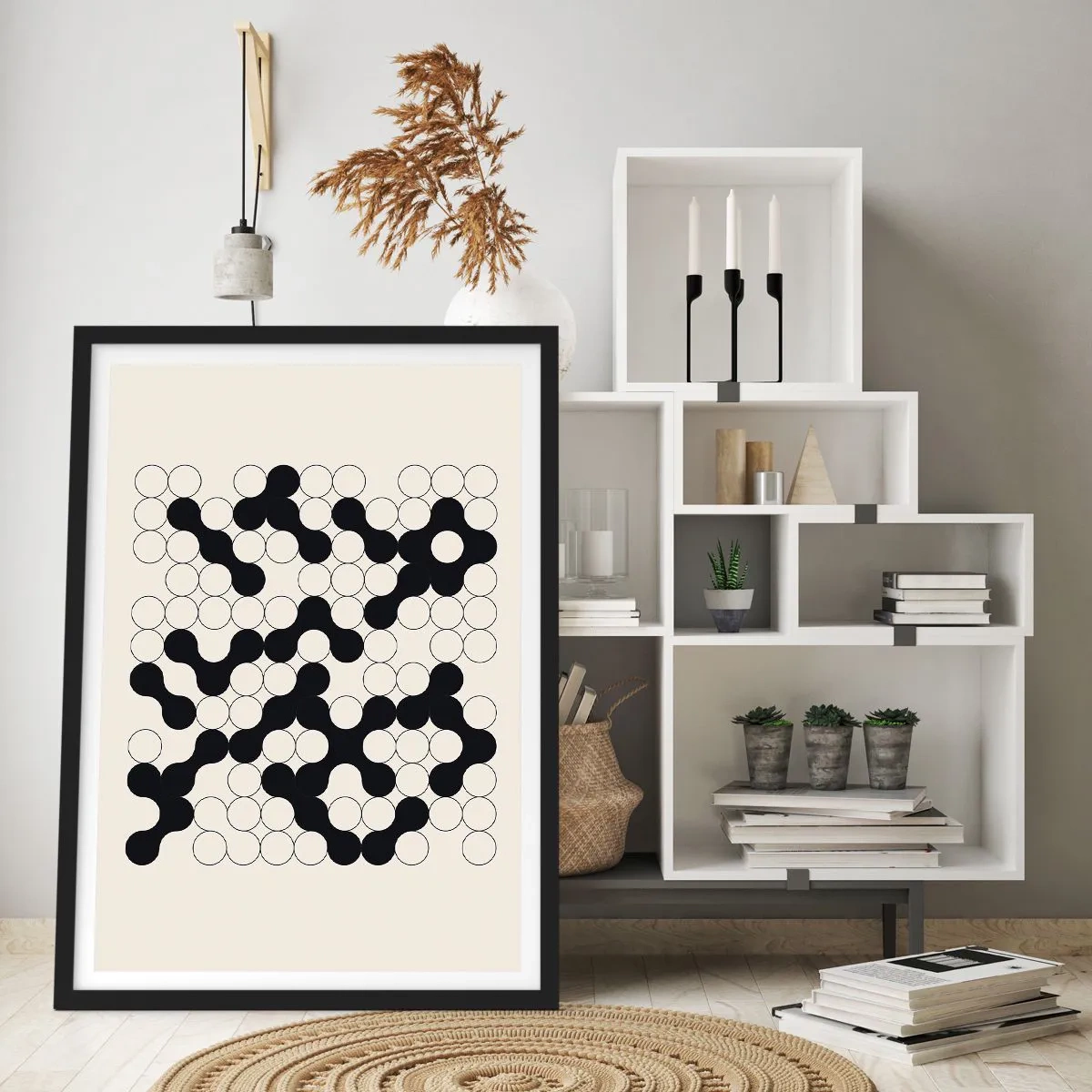 Pôster com moldura preta - Composição geométrica de círculos pretos e brancos - 50x70cm - Jogo chinês – variação - Decoração de parede moderna para a sala de estar e quarto ARTTOR