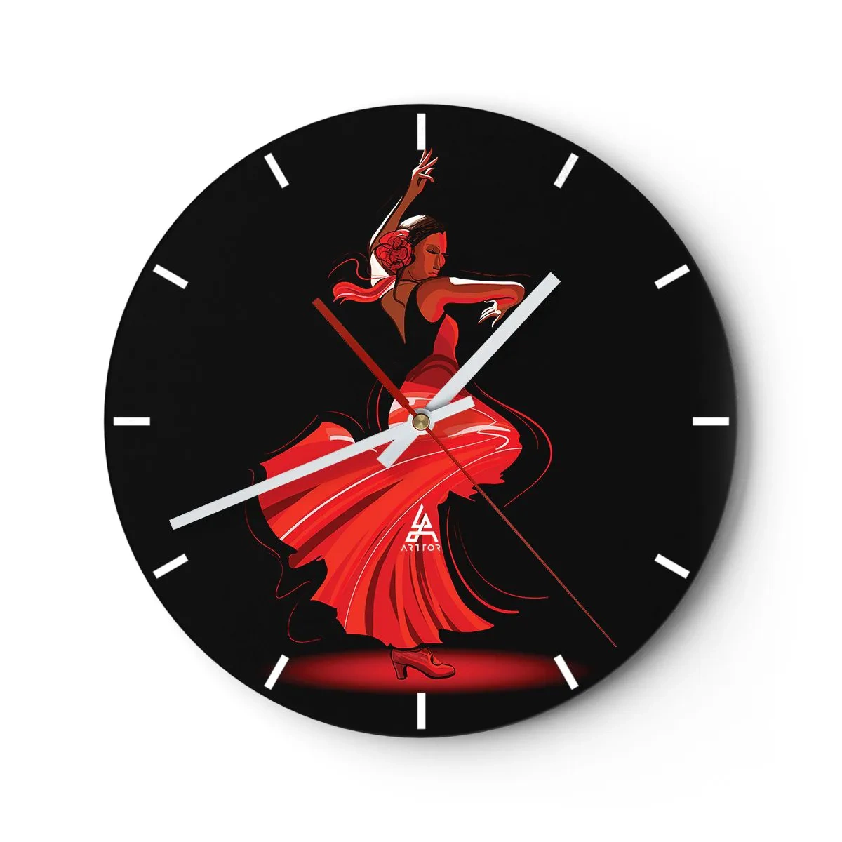 Relógio de parede - Relógio em vidro - Dançarina de flamenco em um vestido vermelho sobre um fundo preto - 30x30cm - O espírito ardente do flamenco - Decoração de parede moderna para a sala de estar, cozinha e quarto ARTTOR