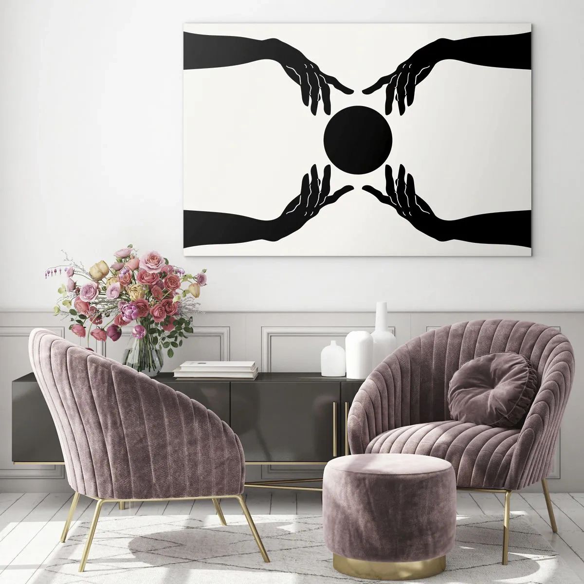 Quadro em vidro - Mãos pretas ao redor de um círculo preto em um fundo claro - 70x50cm - Sinal secreto - Decoração de parede moderna para a sala de estar e quarto ARTTOR