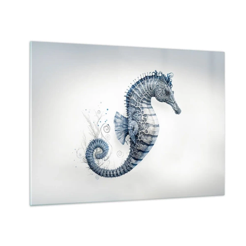Quadro em vidro - Cavalo-marinho azul sobre fundo claro em estilo de desenho - 70x50cm - Uma piada sutil da natureza - Decoração de parede moderna para a sala de estar e quarto ARTTOR