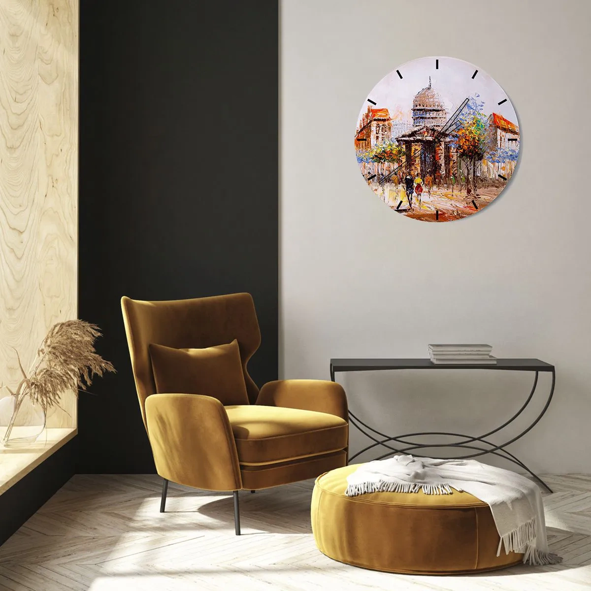 Relógio de parede - Relógio em vidro - Uma cena de rua pictórica com a catedral ao fundo - 30x30cm - Passeio por Paris - Decoração de parede moderna para a sala de estar, cozinha e quarto ARTTOR