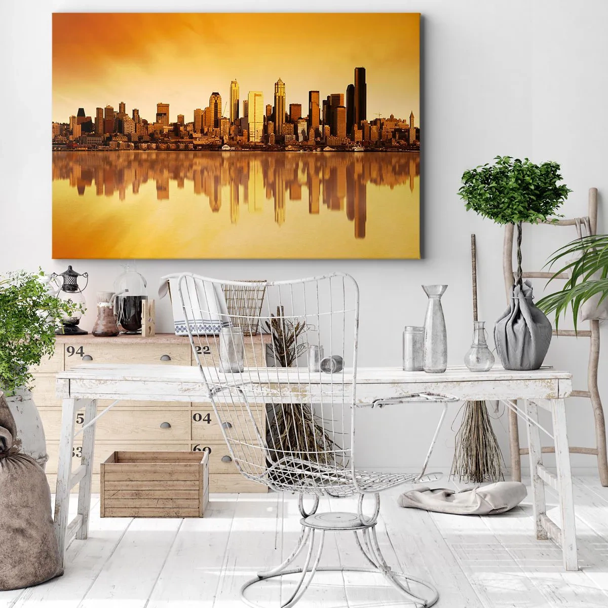Quadro em tela - Panorama da cidade refletido na água ao pôr do sol - 70x50cm - Silêncio da metrópole - Decoração de parede moderna para a sala de estar e quarto ARTTOR