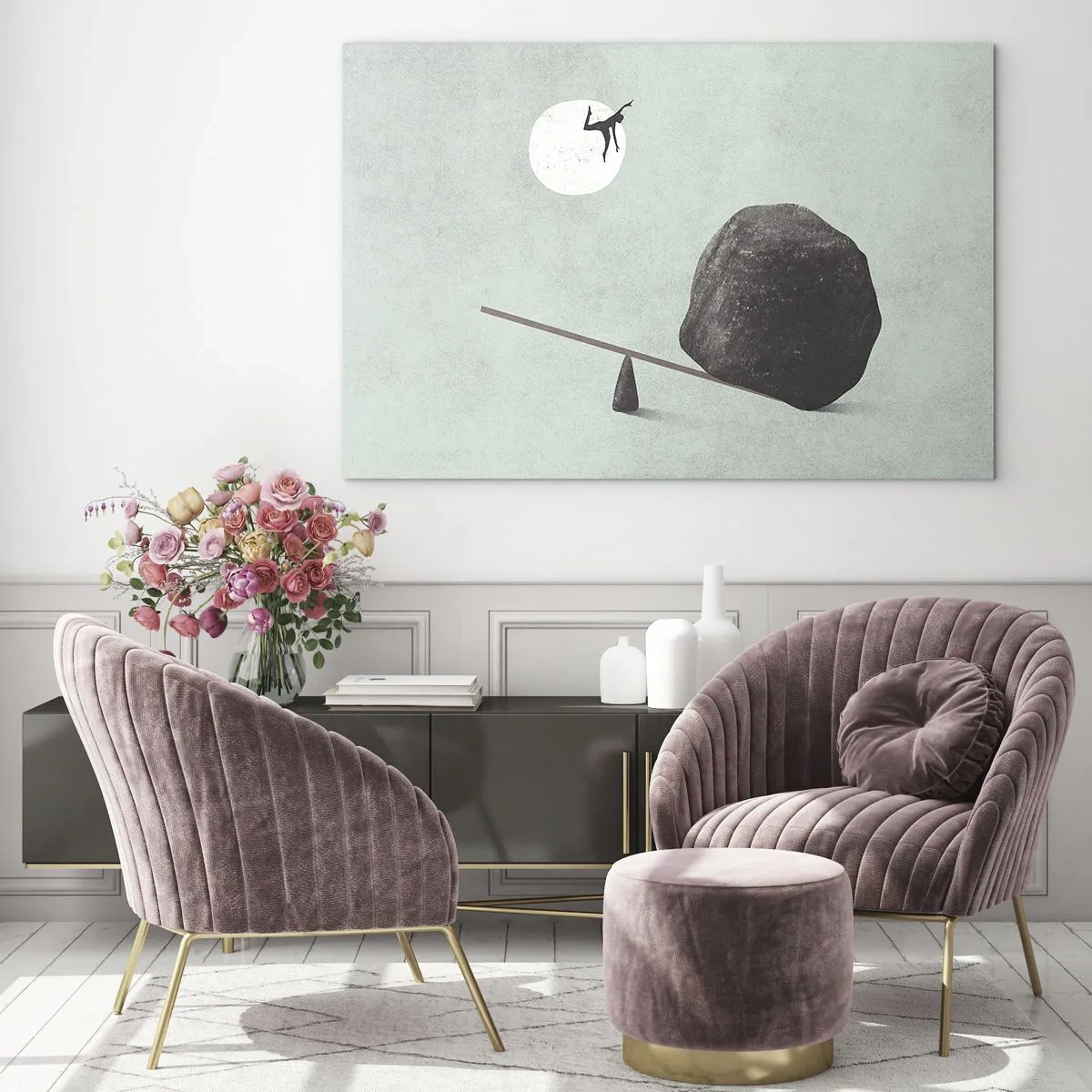 Quadro em vidro - Uma cena minimalista com um homem voando em direção à lua. - 70x50cm - Um sonho tornado realidade - Decoração de parede moderna para a sala de estar e quarto ARTTOR