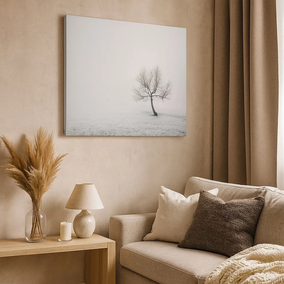Quadro em tela - Uma árvore solitária na névoa do inverno em um campo vazio - 70x50cm - Contra o nada - Decoração de parede moderna para a sala de estar e quarto ARTTOR