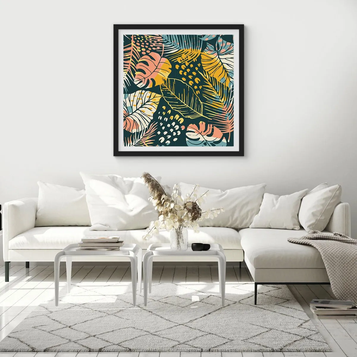 Pôster com moldura preta - Fantasia de folhas - 60x60 cm