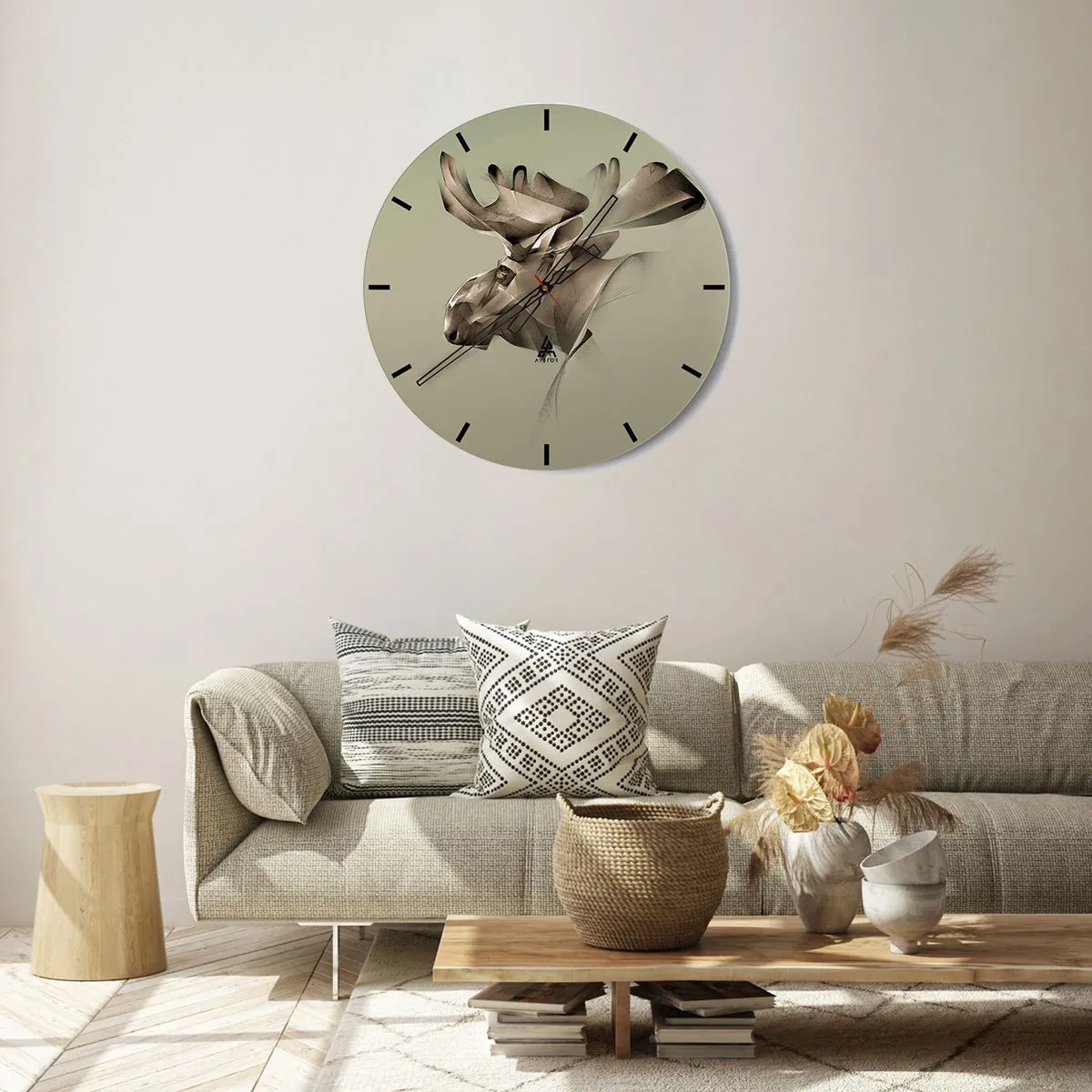 Relógio de parede - Relógio em vidro - Um alce com um padrão geométrico em um fundo verde - 30x30cm - O poder suave da calma - Decoração de parede moderna para a sala de estar, cozinha e quarto ARTTOR