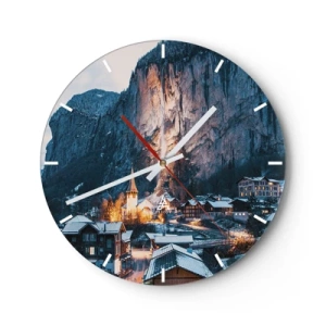 Relógio de parede - Relógio em vidro - Uma vila pitoresca no sopé de montanhas cobertas de neve iluminada por uma luz quente - 30x30cm - O espírito luminoso do inverno - Decoração de parede moderna para a sala de estar, cozinha e quarto ARTTOR
