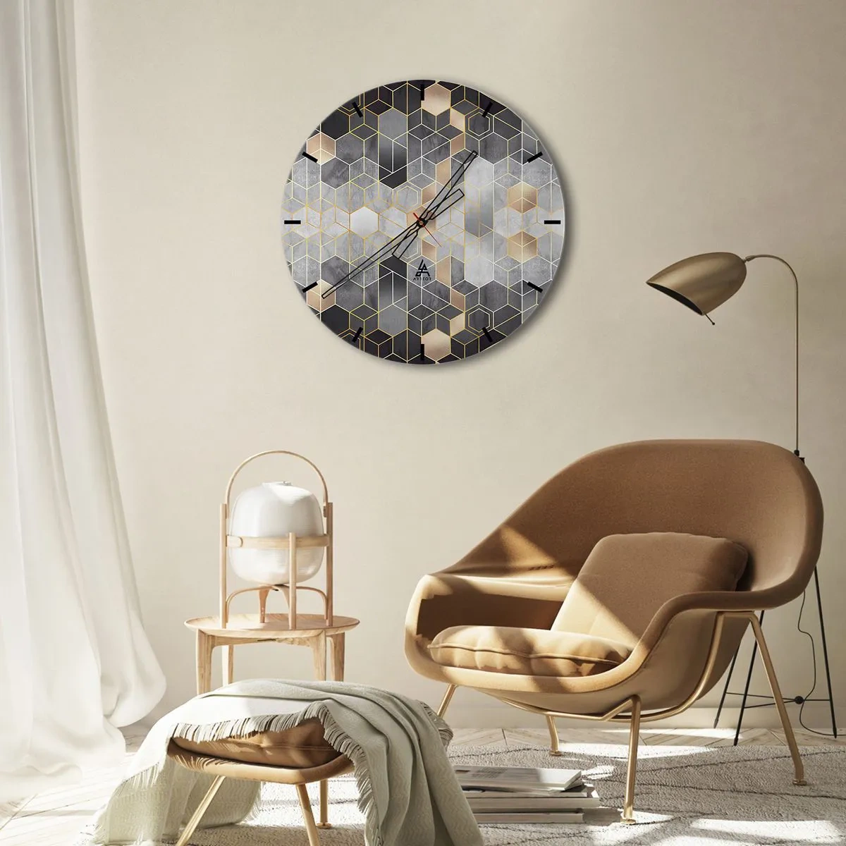Relógio de parede - Relógio em vidro - Mosaico geométrico em tons de cinza e dourado - 30x30cm - Composição do diamante - Decoração de parede moderna para a sala de estar, cozinha e quarto ARTTOR