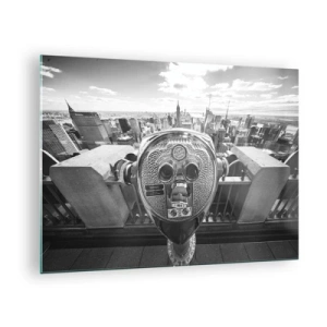 Quadro em vidro - Vista em preto e branco de Nova York com um telescópio de observação - 70x50cm - A cidade das cidades - Decoração de parede moderna para a sala de estar e quarto ARTTOR
