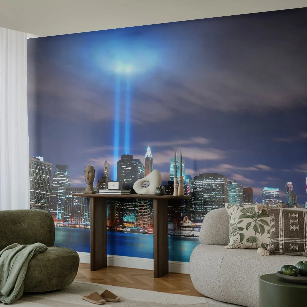 Papel de Parede Autocolante Deluxe Sticker - Alcançar o céu com a luz - Cidade, Nova Iorque, Arquitetura - 250x175 cm