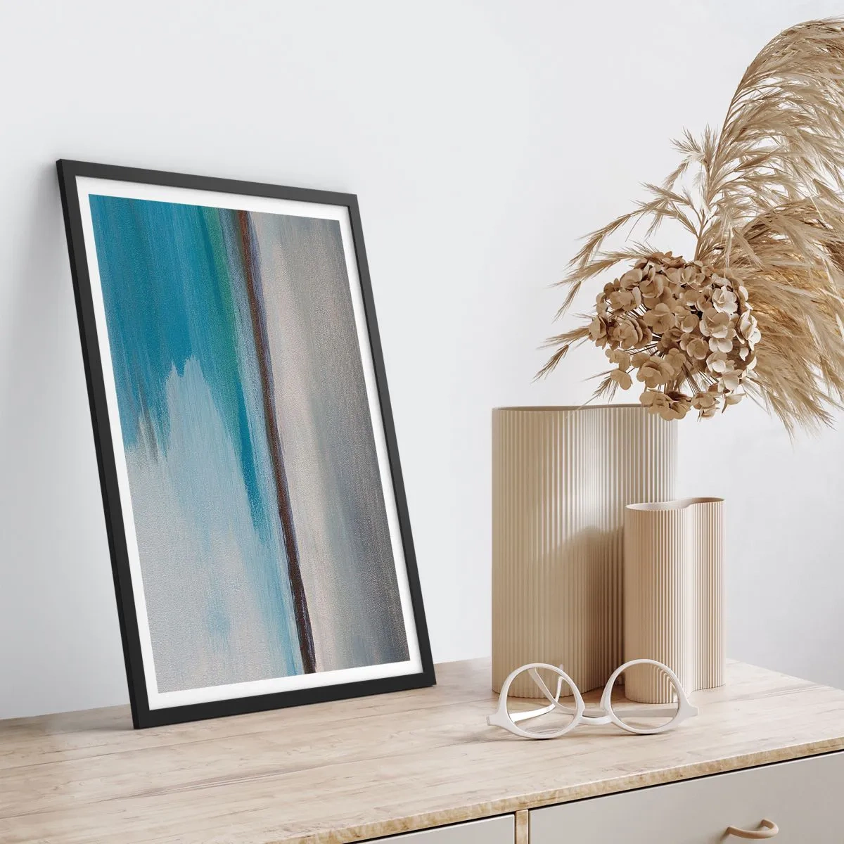 Pôster com moldura preta - Paisagem abstrata em tons de azul e cinza - 50x70cm - Paisagem horizontal - Decoração de parede moderna para a sala de estar e quarto ARTTOR