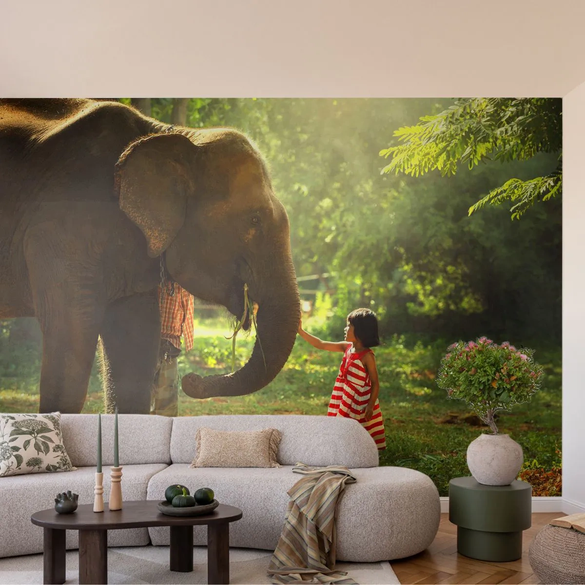 Papel de Parede Premium Sand - O poder da amizade - Animais, Elefante, Garota - 100x70 cm
