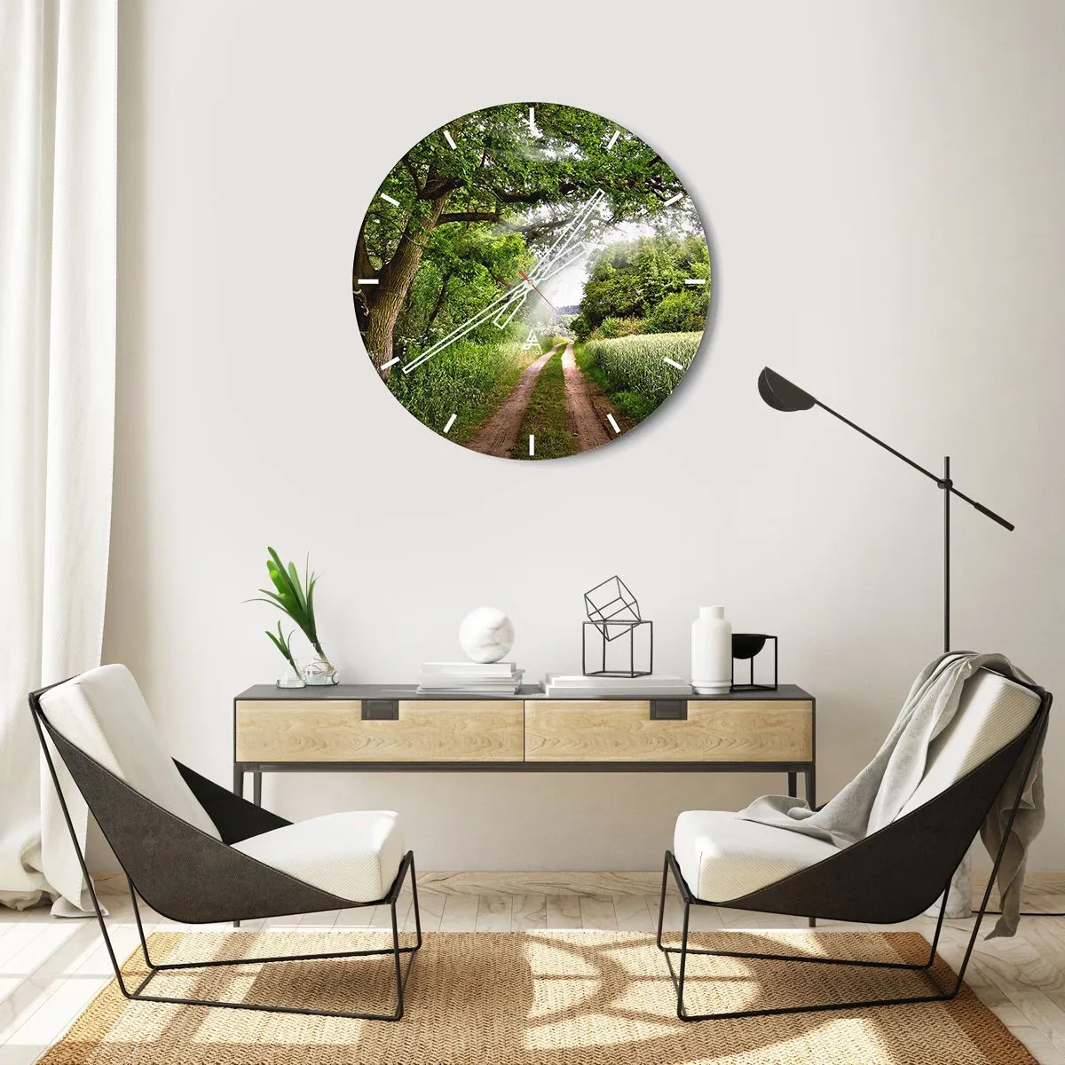 Relógio de parede - Relógio em vidro - Uma estrada florestal entre árvores verdes e campos em um dia ensolarado - 30x30cm - Os pastores de Arcadia - Decoração de parede moderna para a sala de estar, cozinha e quarto ARTTOR