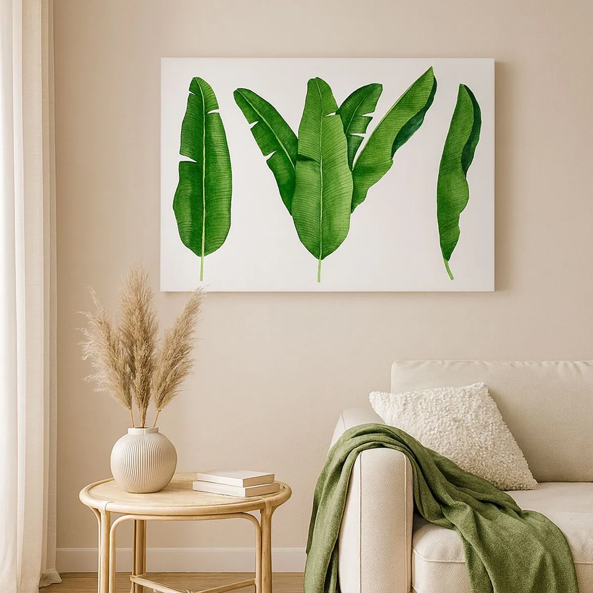 Quadro em tela - Três folhas de bananeira numa abordagem artística - 70x50cm - Simetria verde - Decoração de parede moderna para a sala de estar e quarto ARTTOR