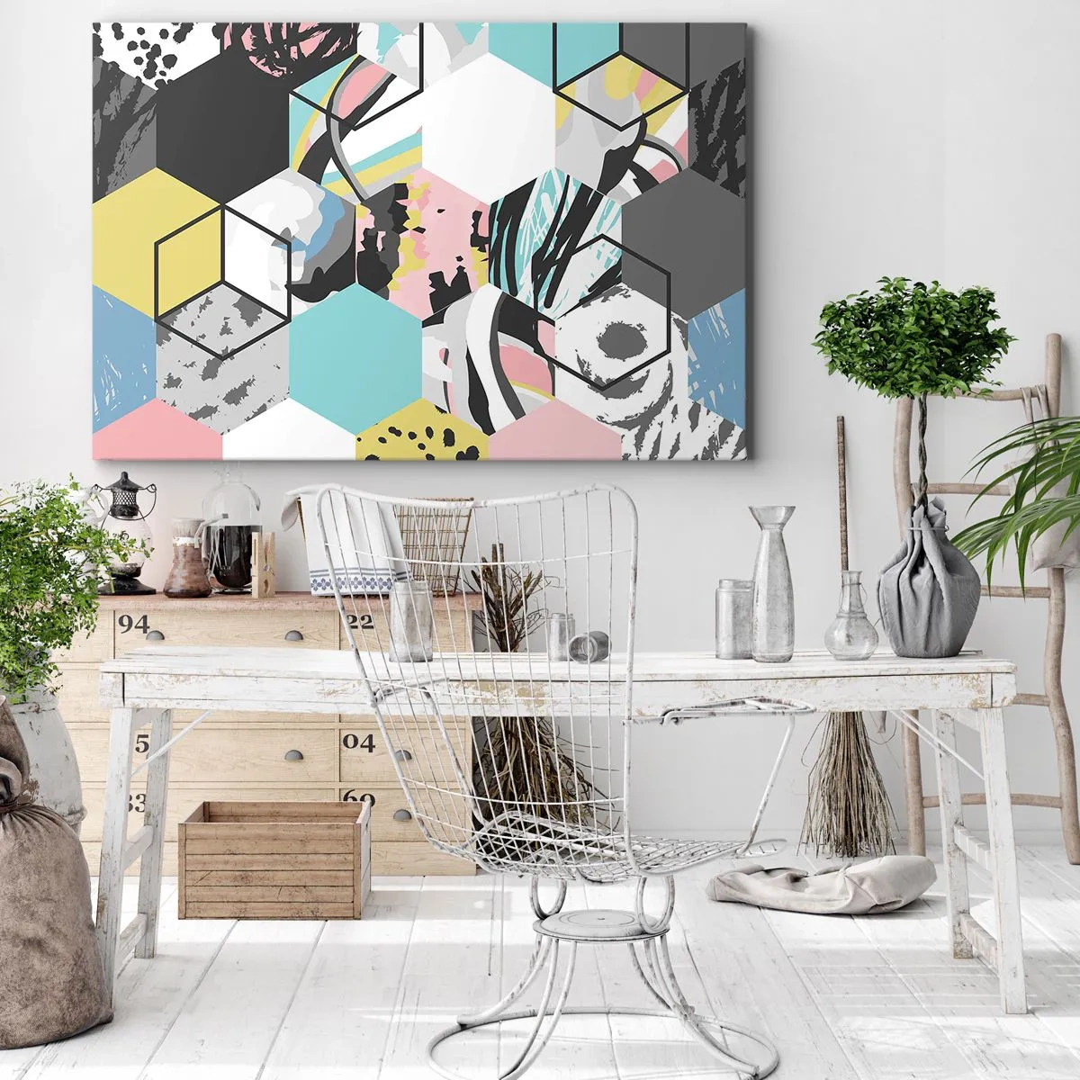Quadro em tela - Hexágonos e cubos em seis cores - 120x80 cm