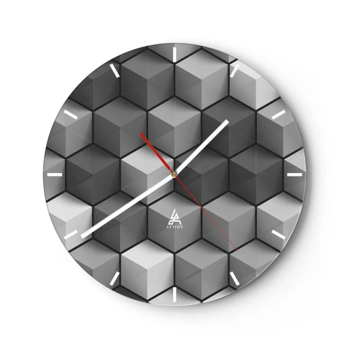 Relógio de parede - Relógio em vidro - Figuras cúbicas 3D em um arranjo geométrico - 30x30cm - Quebra-cabeça cubista - Decoração de parede moderna para a sala de estar, cozinha e quarto ARTTOR