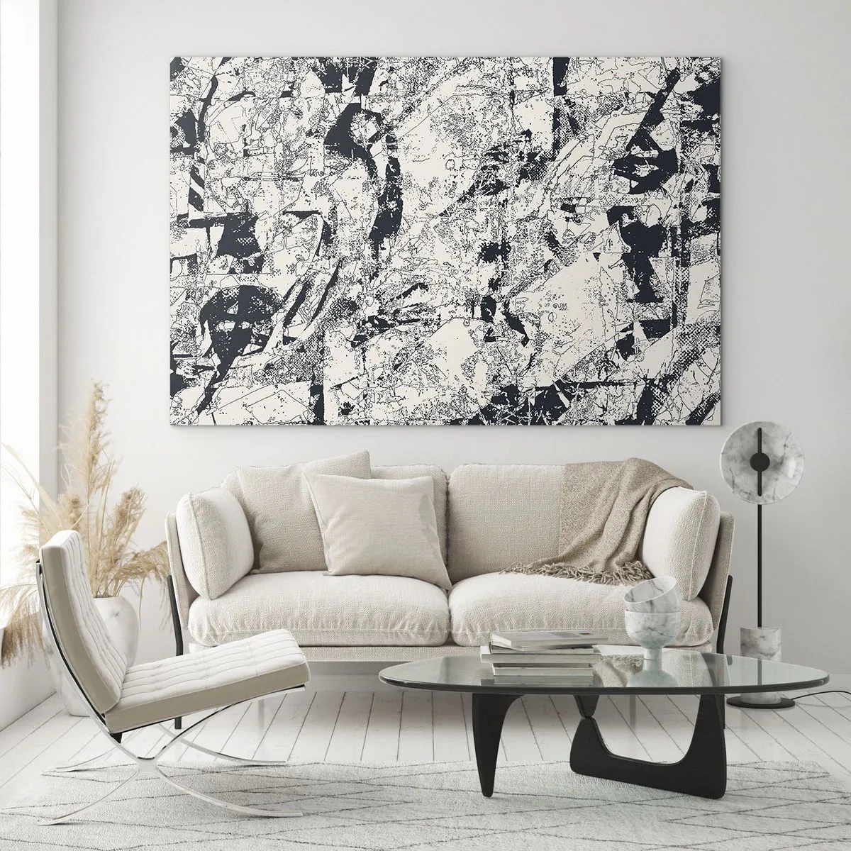 Quadro em vidro - Abstração em preto e branco com linhas e texturas dinâmicas - 70x50cm - Interpenetração de opostos - Decoração de parede moderna para a sala de estar e quarto ARTTOR