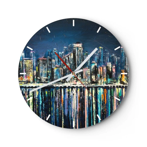 Relógio de parede - Relógio em vidro - Panorama noturno da cidade com reflexos de luz na água - 30x30cm - Cascata de luzes - Decoração de parede moderna para a sala de estar, cozinha e quarto ARTTOR
