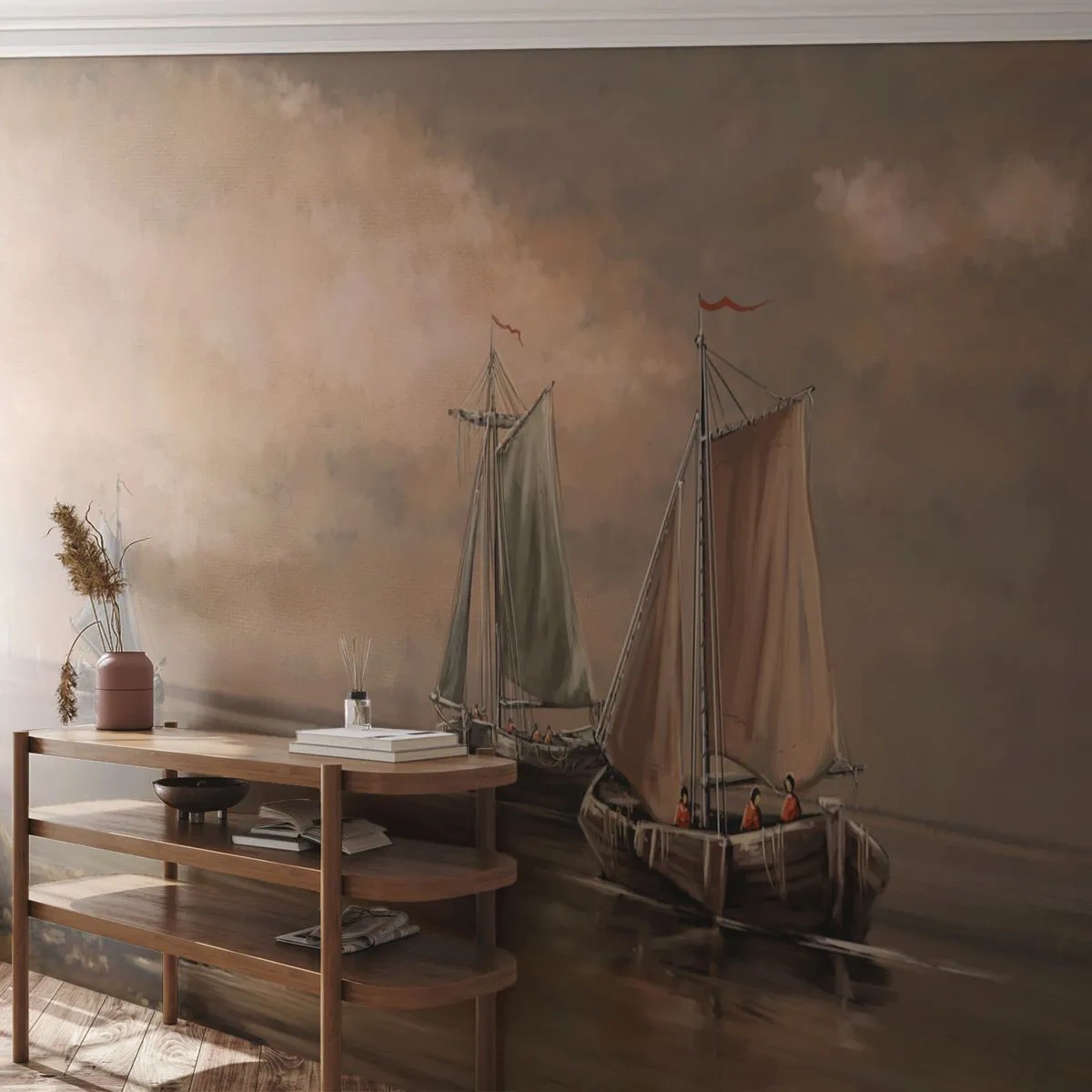 Papel de Parede Premium Sand - Regresso dos marinheiros - Paisagem, Barco de pesca, Natureza - 150x105 cm