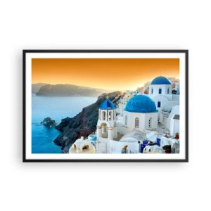 Pôster com moldura preta - Santorini - abraçada às rochas - 91x61 cm