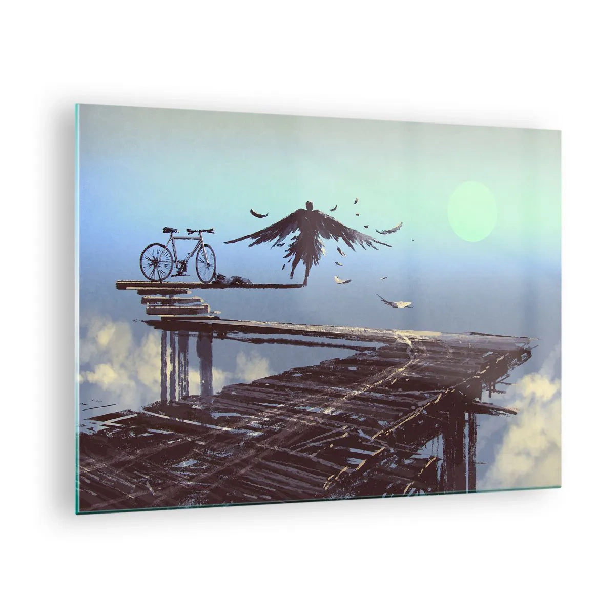Quadro em vidro - Uma figura com uma bicicleta em uma ponte de madeira acima das nuvens - 70x50cm - Ícaro eternamente vivo - Decoração de parede moderna para a sala de estar e quarto ARTTOR