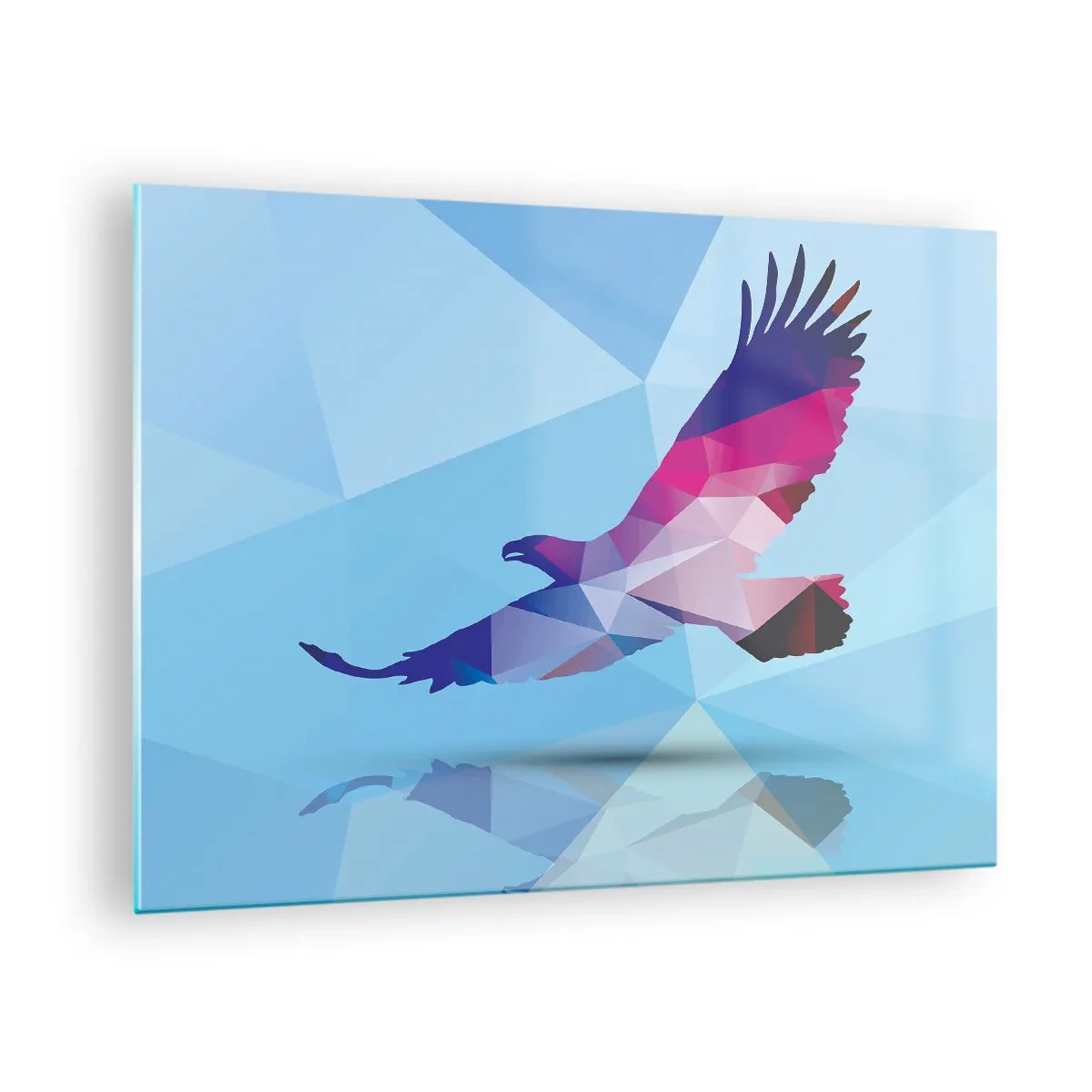 Quadro em vidro - Águia geométrica em fundo azul - 70x50cm - Águia em cristal lilás - Decoração de parede moderna para a sala de estar e quarto ARTTOR