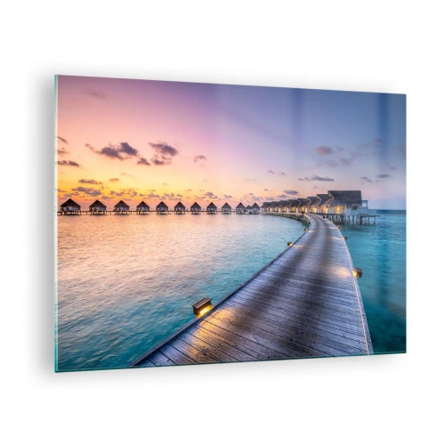 Quadro em vidro - Cais de madeira que leva a luxuosos chalés à beira-mar ao pôr do sol - 70x50cm - Férias - de volta às fontes - Decoração de parede moderna para a sala de estar e quarto ARTTOR
